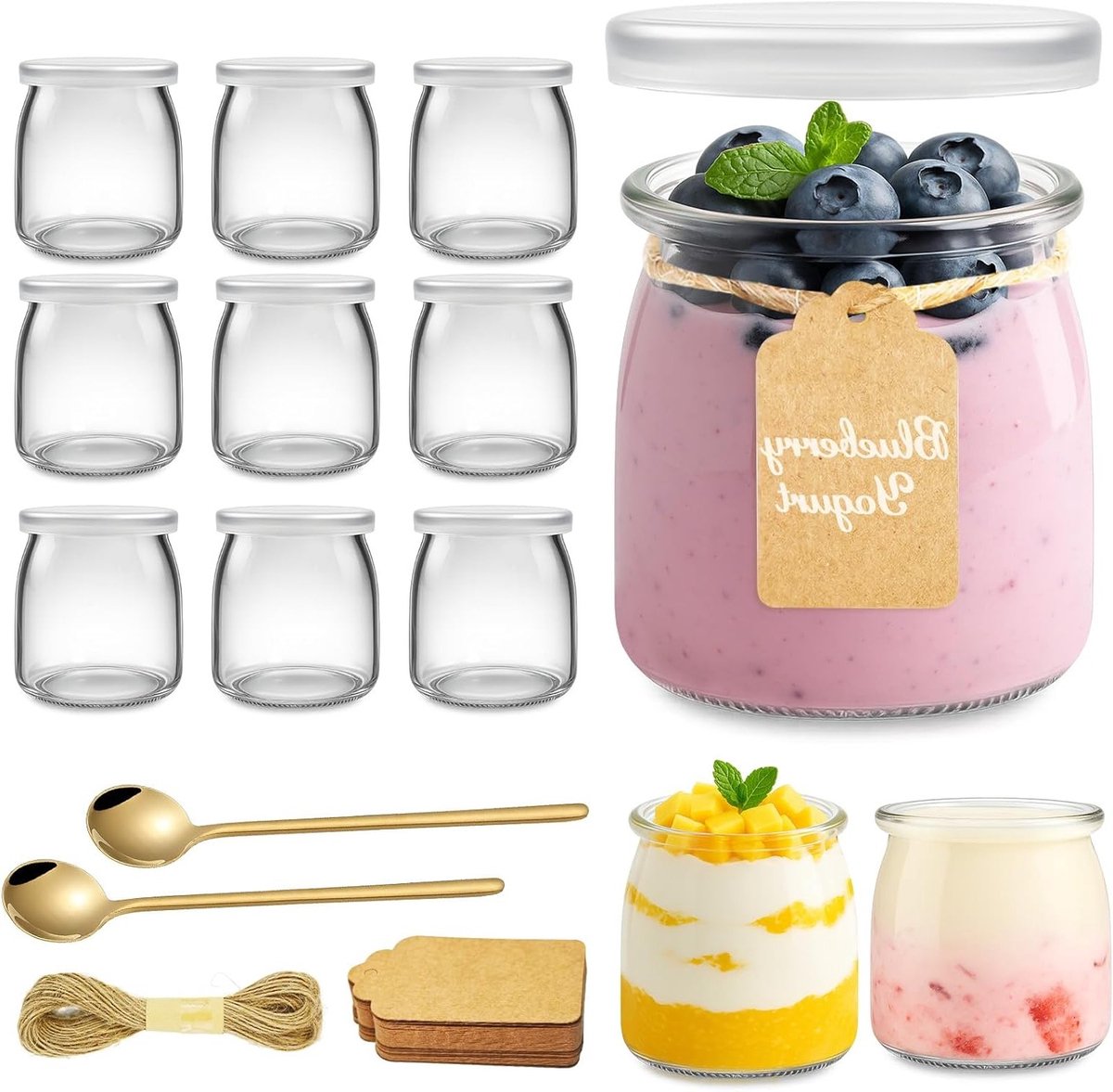 Set van 12 Multifunctionele Glazen Dessertpotjes van 200ml met Deksel en Lepel voor Yoghurt, Pudding en Jam