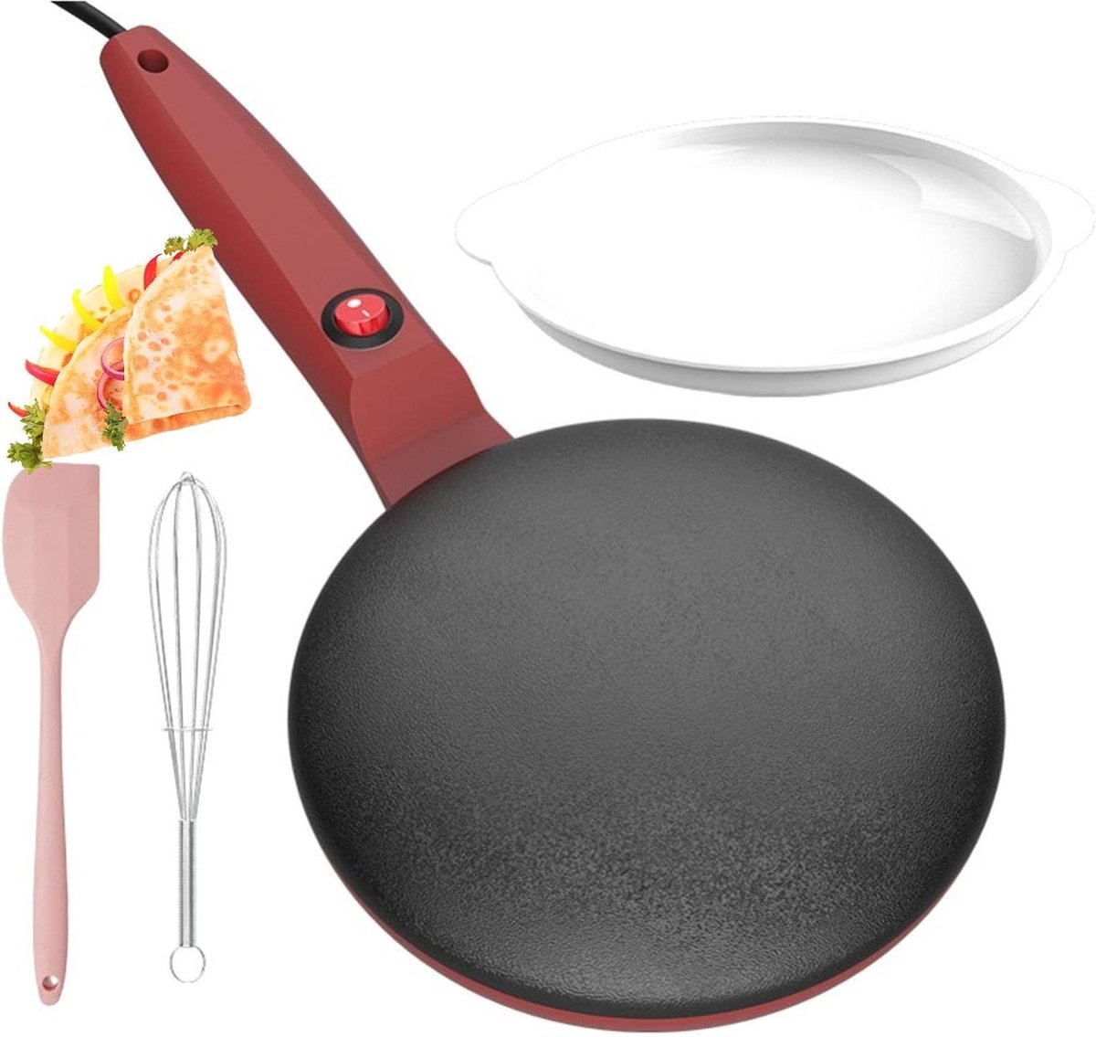 Elektrische Crêpemaker - Pannenkoekenpan Automatisch - Ontbijt Maken - 8-inch Anti-aanbaklaag - 20.5 cm Diameter - Rood