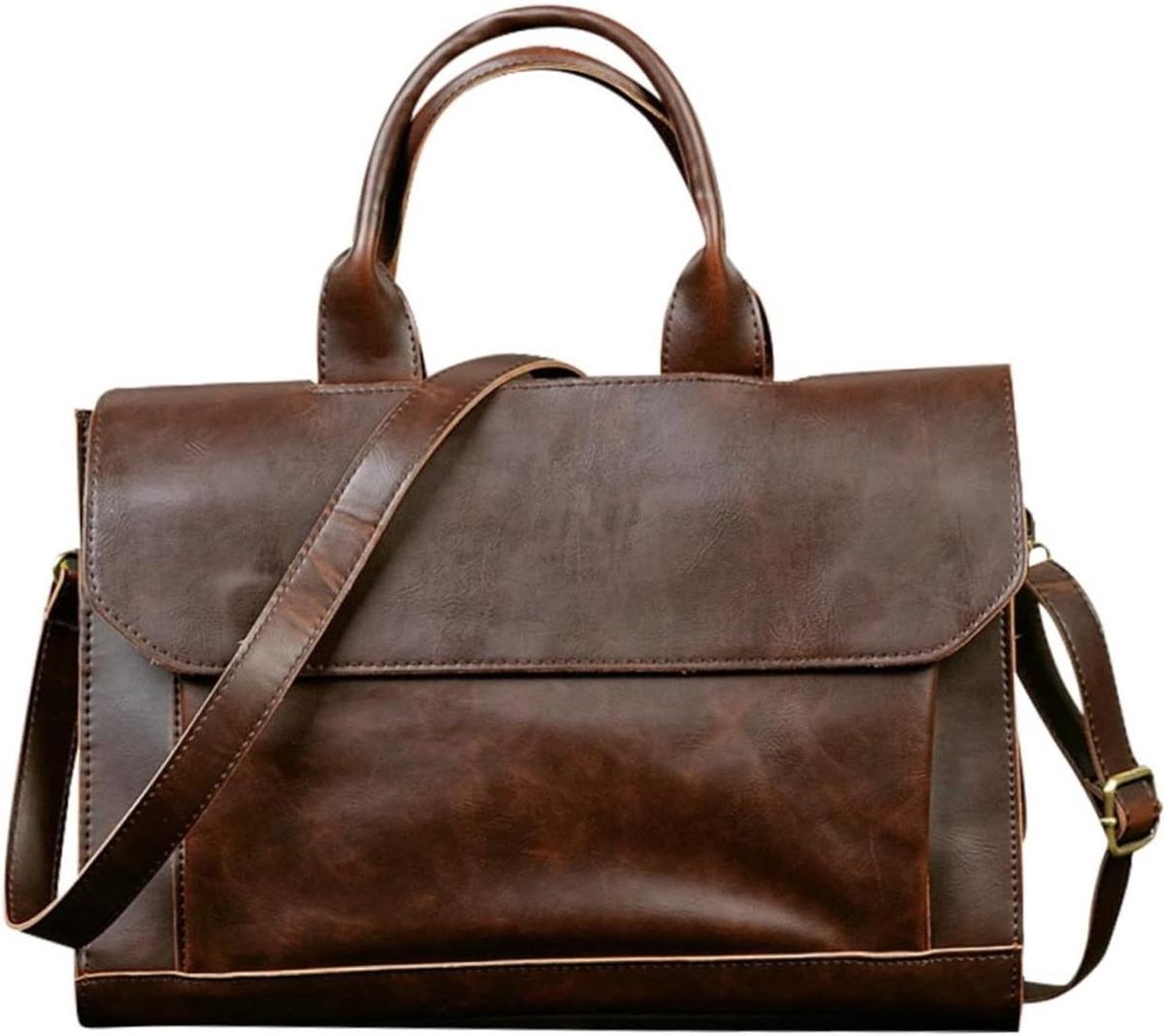 Laptoptas Heren - Aktetas Schoudertas - Zakelijk Gebruik - PU Leer - 36.5 x 25 x 10 cm - Koffie