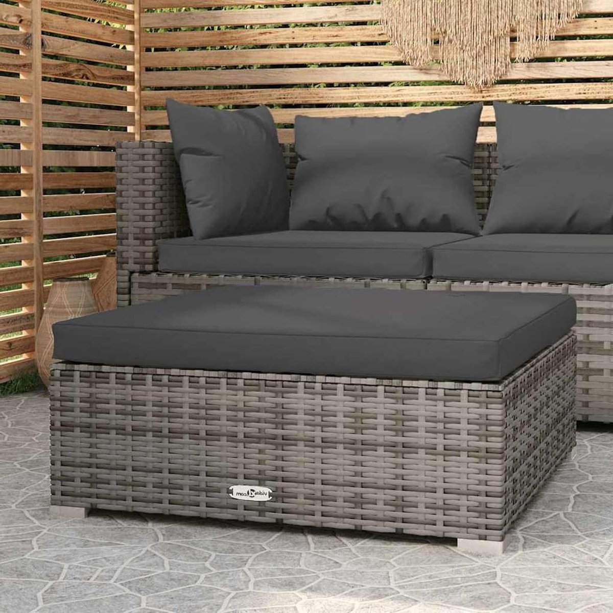 Tuinvoetenbank met Kussen 70x70x30 cm - Poly Rattan Grijs - Hocker voor Binnen en Buiten