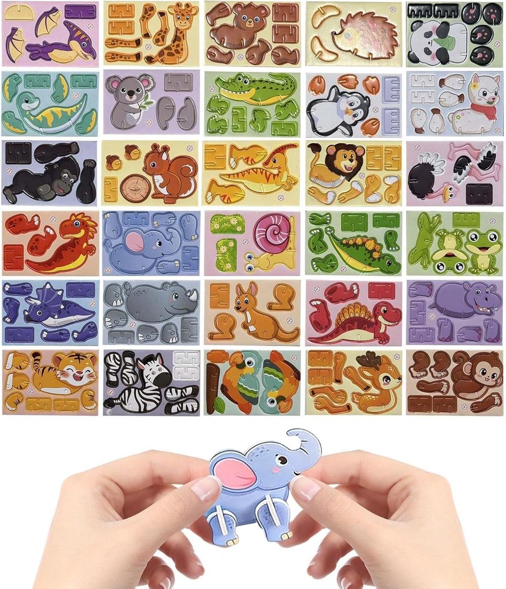 3D Puzzels - Cartoon Bouwmodel - Creatief Spel - Veilig Papieren Materiaal - 30 Stukjes - Dieren