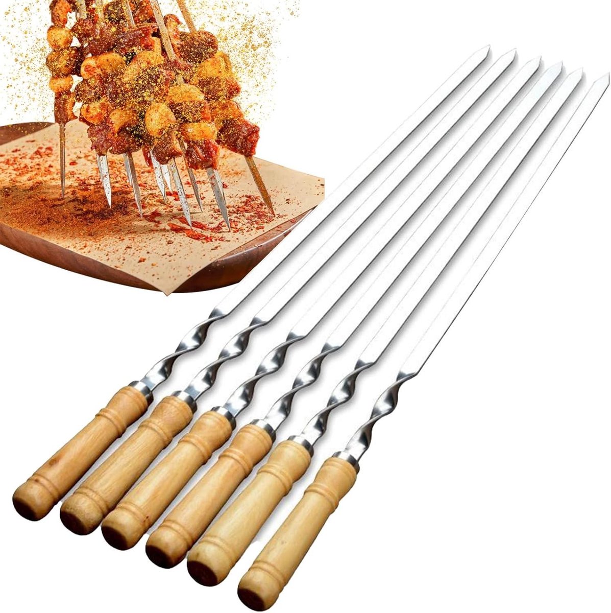 Grillspiesen Set - Metalen Spiesen - Buiten Koken - Plat Ontwerp - 6 Stuks - Zilver