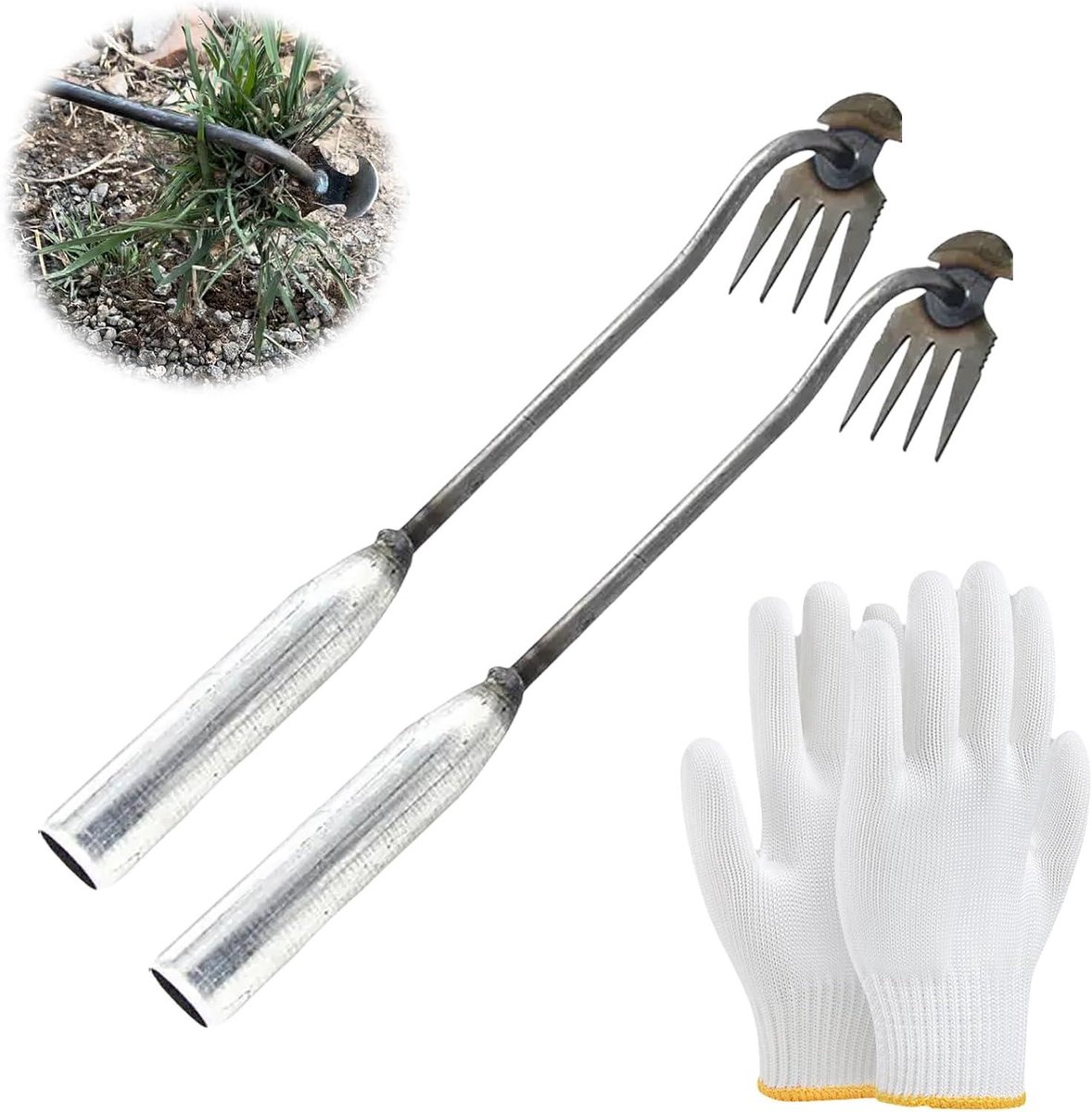 Onkruidwieder Set - Wiedegereedschap Tuin - Onkruid Verwijderen - 4 Scherpe Tanden - 35 cm - Zilver