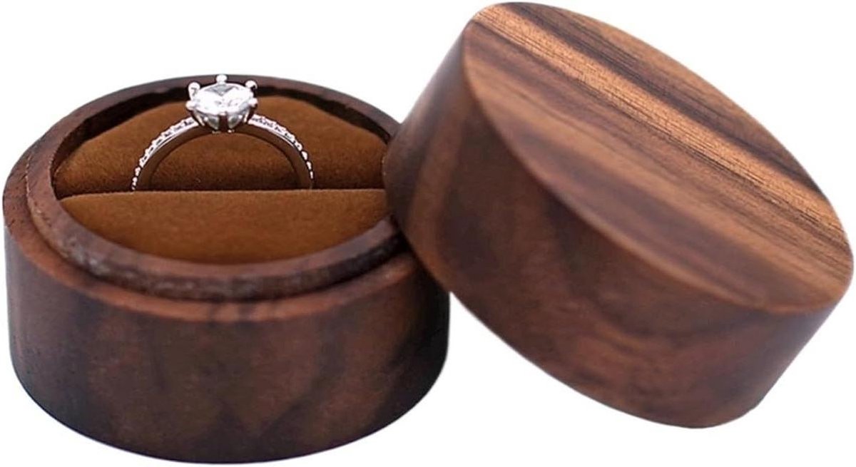 Houten Ringendoos - Juwelendoosje Bruin - Sieraden Presenteren - Zachte Beschermende Voering - 5.5x5.5x3.5cm - Bruin