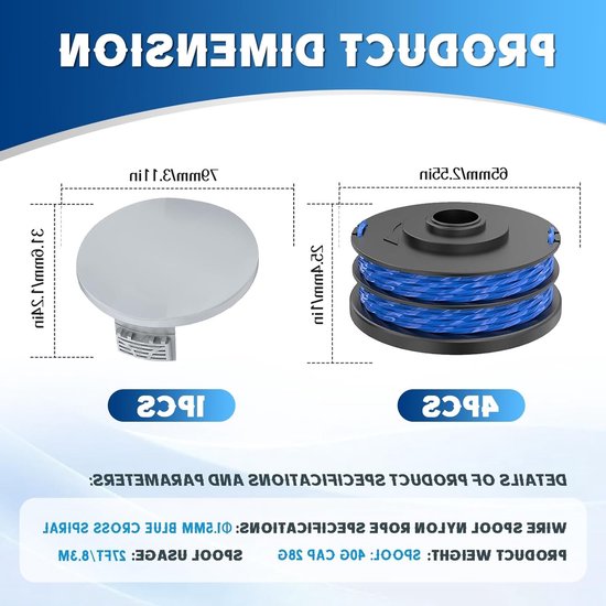 Vervangende Grastrimmer Spoelen 1.5mm - 8.3m Lengte, Geschikt voor RLT4027, RLT4125, RLT5027, RLT6030, RLT5127, Inclusief Spoelcover, Ideaal voor Tuinonderhoud en Grasmaaien — afbeelding 5