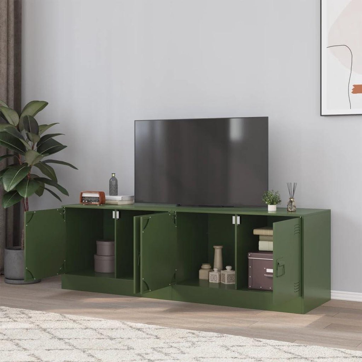 TV Kast Set - TV Meubel - Woonkamer Inrichting - Stalen Constructie - 67 x 39 x 44 cm - Olijfgroen
