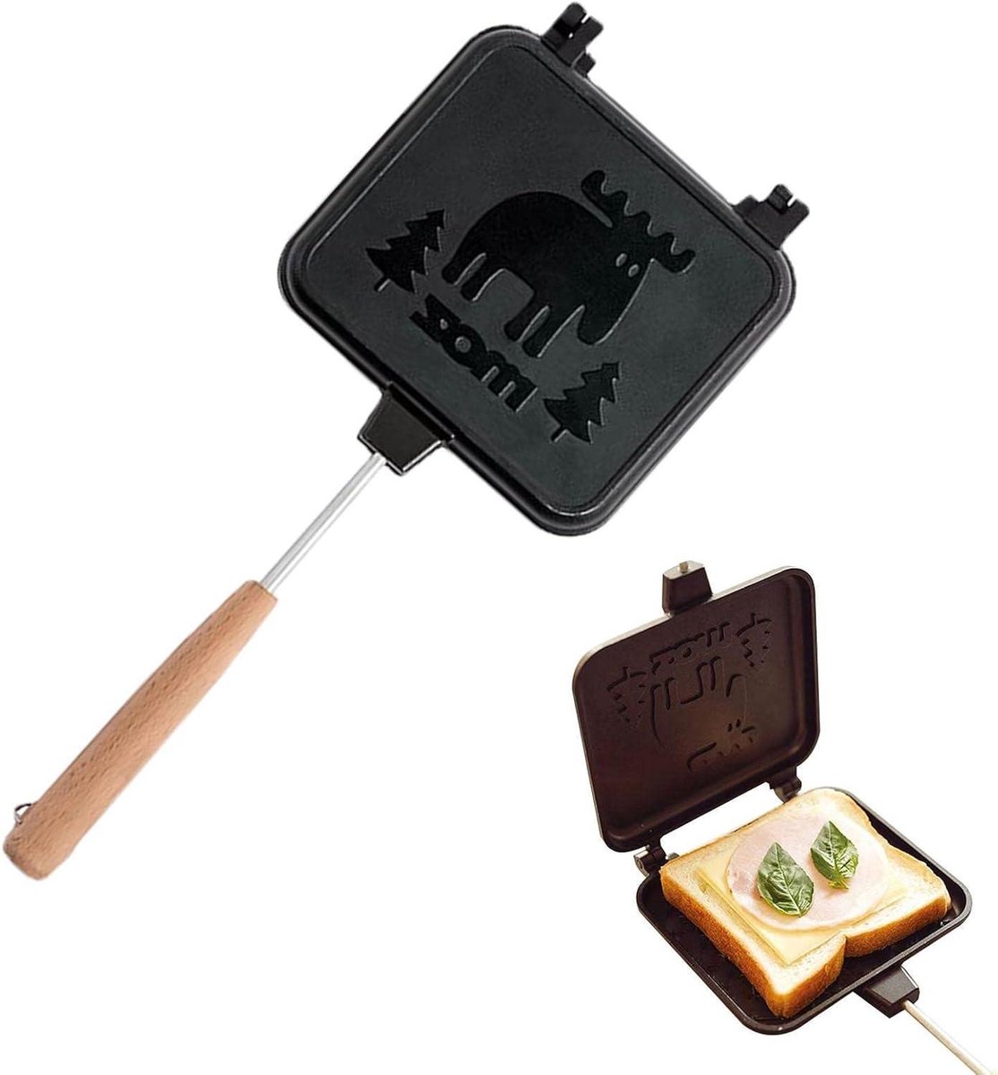 Dubbelzijdige Sandwich Pan - Tosti Ijzer - Warme Broodjes Maken - Afneembaar Houten Handvat - 14 cm Diameter - Zwart