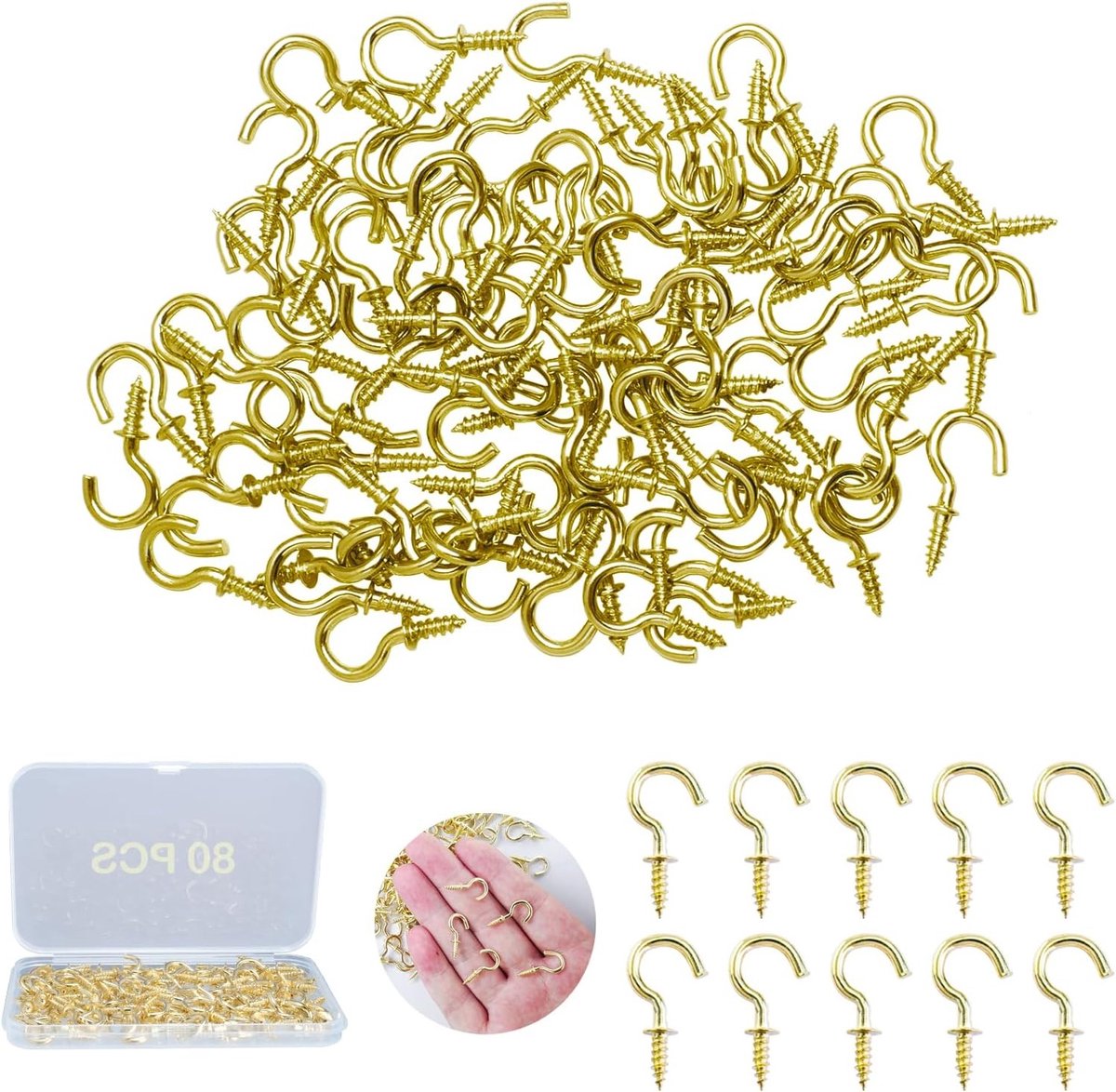 Pack of 80 Screw Hooks, Small 1/2 Inch Gold Screw Hooks Metal Screw Hooks Ceiling for Plastic Surfaces Wood Hanging - ShopVlot