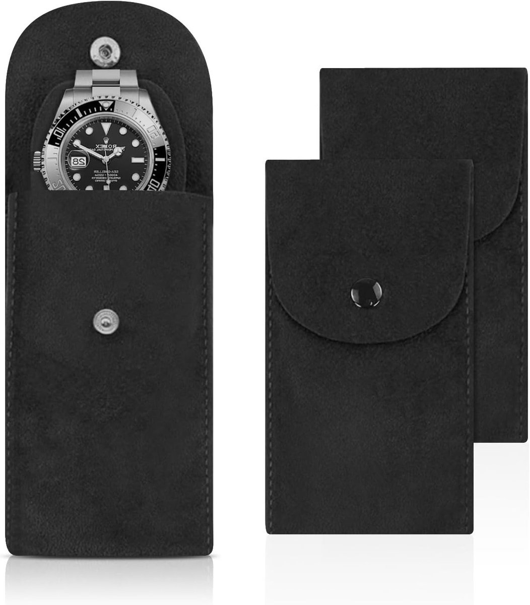 2 Stuks Velvet Horloge Opbergzak, Inclusief Horloge Kussen voor Dames en Heren, Draagbare Reisoplossing voor Horloges, Perfect als Cadeau met Sluiting (Zwart)