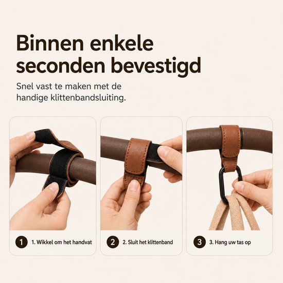 Consumerce® Premium Kinderwagen Tassenhaakjes - 2 Stuks - Bruin - Luiertas Tassenhaak - Buggy Accessoires - Organizer - Haak - Tassenhanger - Extra Stevig - Tas - Tassen van Consumerce — afbeelding 5