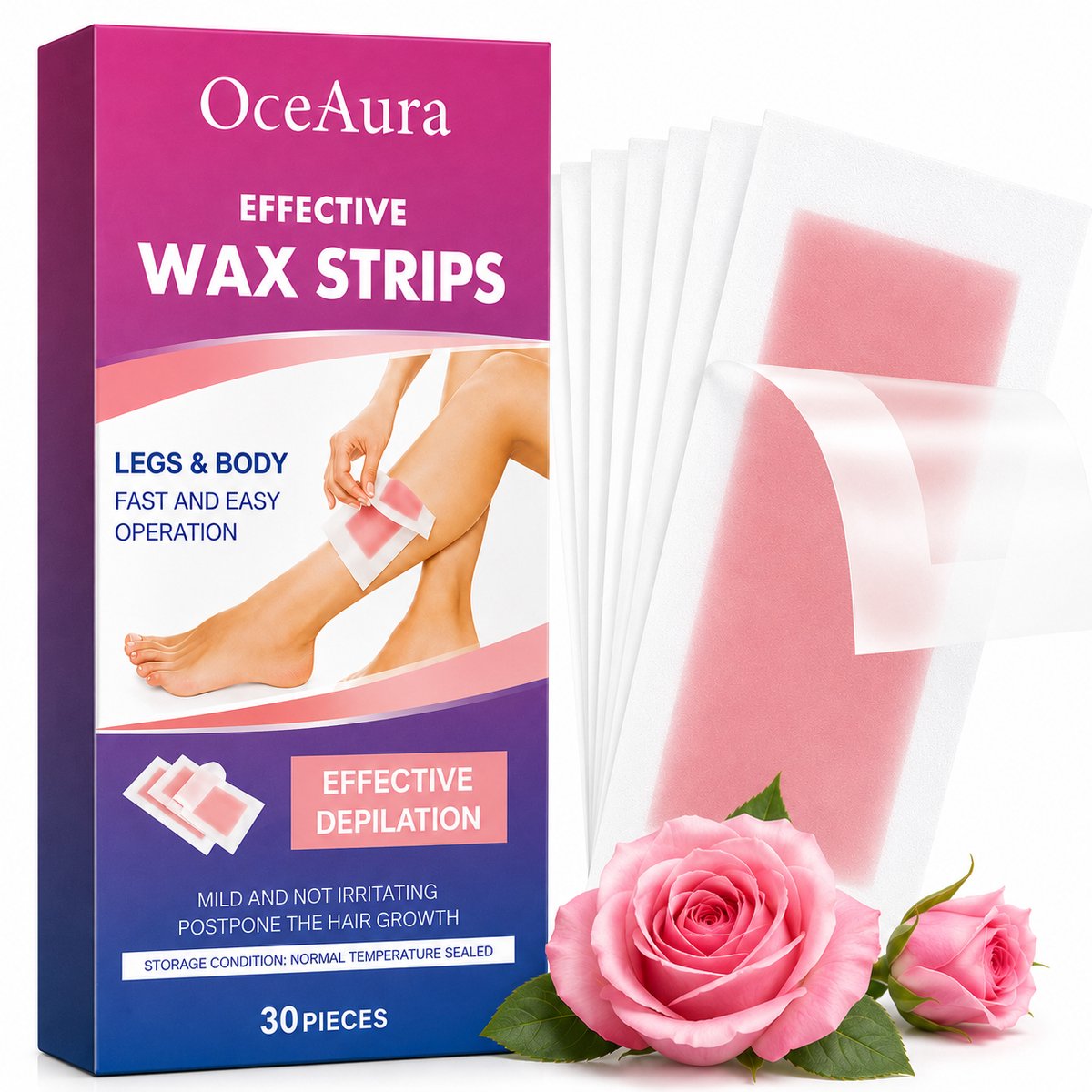 OceAura | Waxstrips Gevoelige Huid | Rose Rozengeur Wax Strips | Ontharingsstrips | Koude Wax Strips | Waxstrips Benen | Waxstrips Gezicht | Waxstrips Oksels | Haar Verwijderen | Waxstrips Vrouwen | 30 Stuks