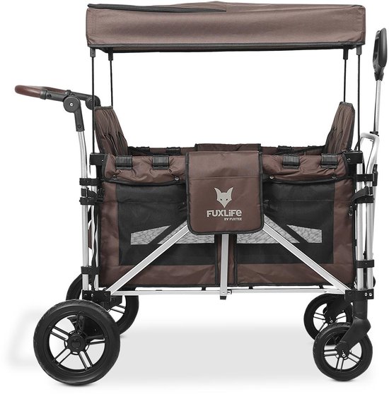 FUXLIFE by FUXTEC CTXL900 Bolderkar voor 4 kinderen - Opvouwbaar - Bruin | Met Veiligheidsriemen & Zonnedak - Strandkar & Handkar - Max. 75kg