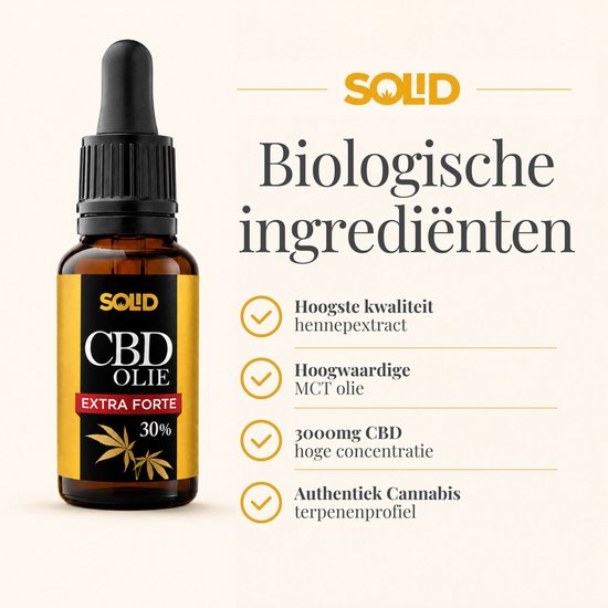 Bruine fles CBD Olie Extra Forte 30% met zwarte druppelaar, naast pictogrammen die biologische ingrediënten benadrukken.