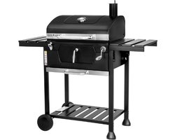 MasterCook Friend Houtskoolgrill met dubbele grill en mandinstelling, BBQ houtskool met deksel, thermometer, inklapbare planken, professionele houtskoolgrill van staal