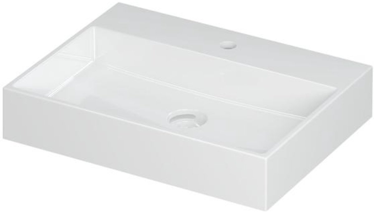 INK United Wastafel Porselein met 1 Kraangat incl. Porseleinen Click Plug en Verborgen Overloop Systeem - 600x450x110 mm - Glans Wit