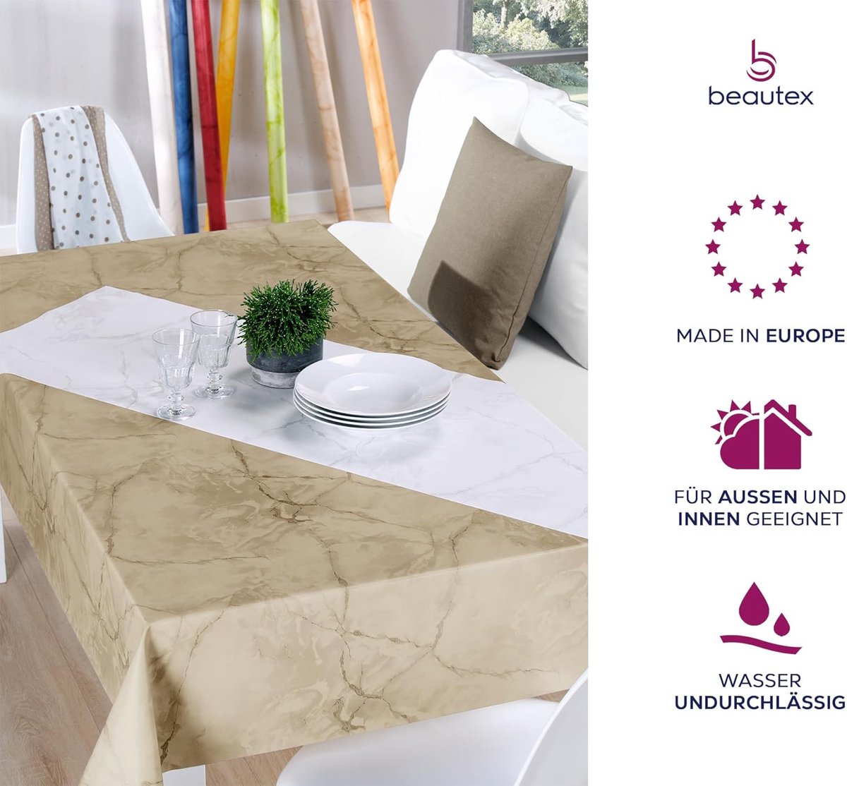 Tafelkleed - Tafelzeil glad - Binnen en buiten - Onderhoudsarm afwasbaar - Rond 110 cm - Beige