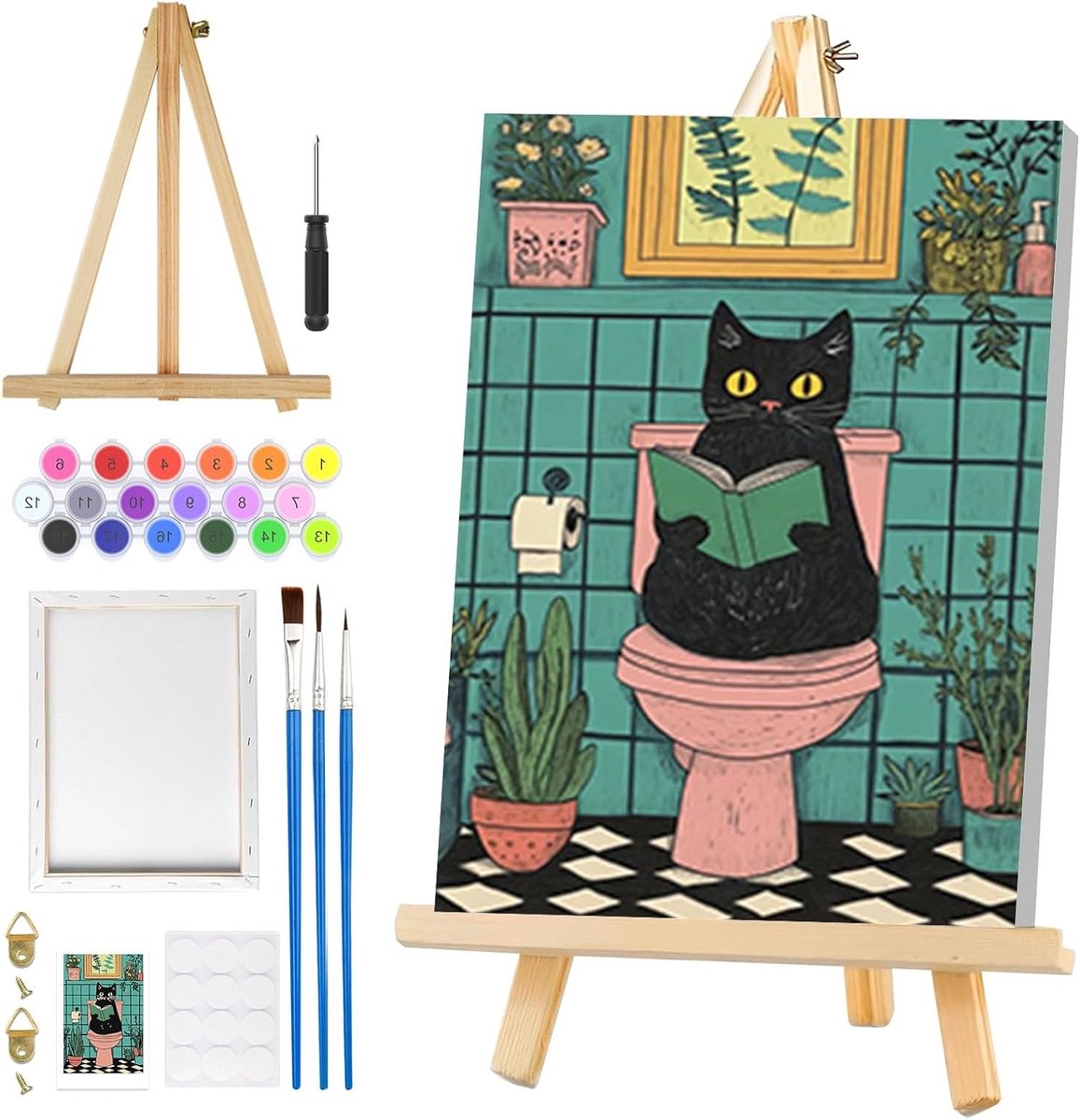 Ingelijste verf op nummer voor volwassenen met kat en houten ezel, DIY acryl schilderkit voor huisdecoratie en creatieve hobby's, 20