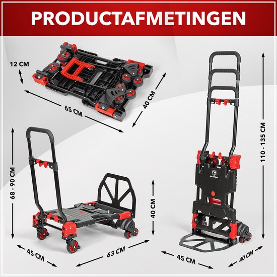 Jackmend 2-in-1 Opvouwbare Steekwagen en Transportkar - Laadcapaciteit tot 136 KG - Opvouwbare Plateauwagen - Trapklimmende Wielen