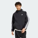 Zwart Adidas windjack met witte strepen en Adidas-logo op de borst, gedragen door model.