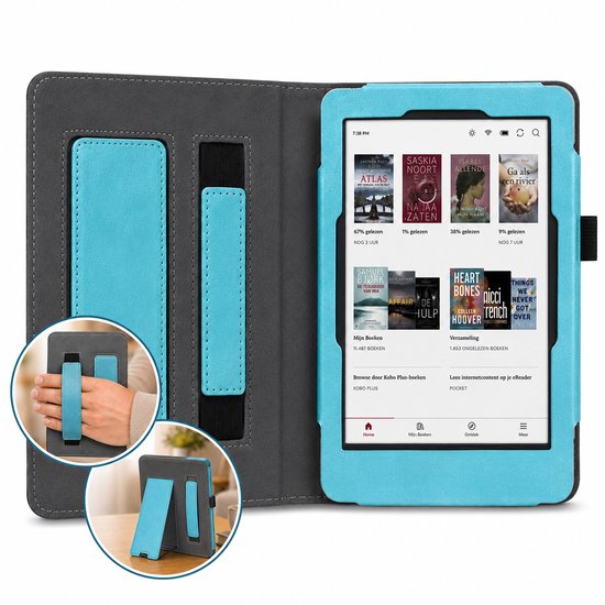 Housse compatible avec Kobo Libra Colour – Étui de type livre avec poignée et béquille – Auto/Réveil – Bleu