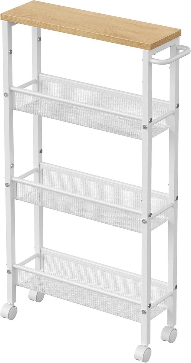 Keukenwagen - Opbergrek Trolley - Ruimte Benutten - Smal Ontwerp - 4 Niveaus - Eiken Wit