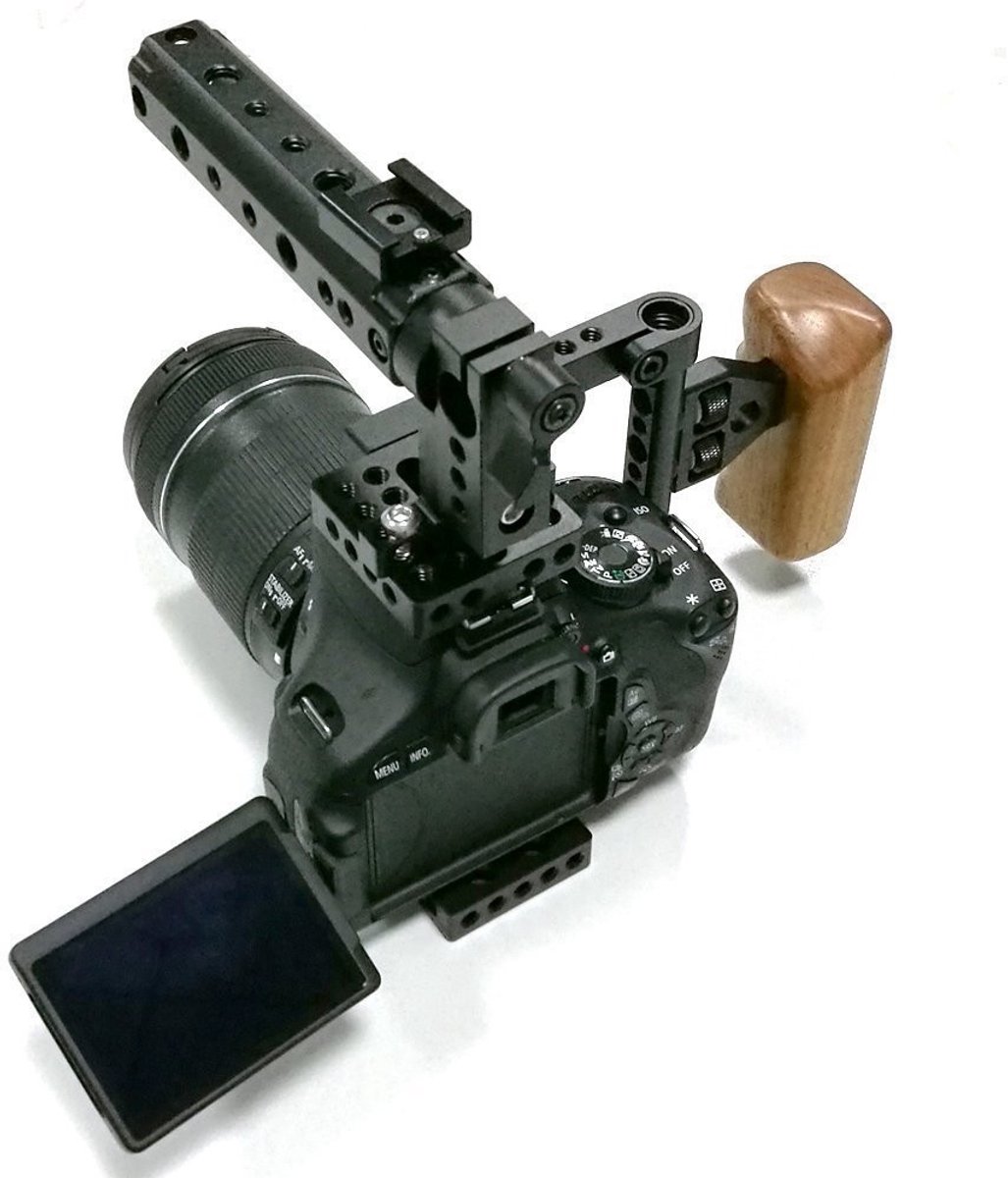 ONF3 - Camera Kooi - Handvat voor 600D 70D 80D - Houten Handvat - Verstelbare Bevestiging - Ideaal voor Videografie - Inclusief Aluminium S...