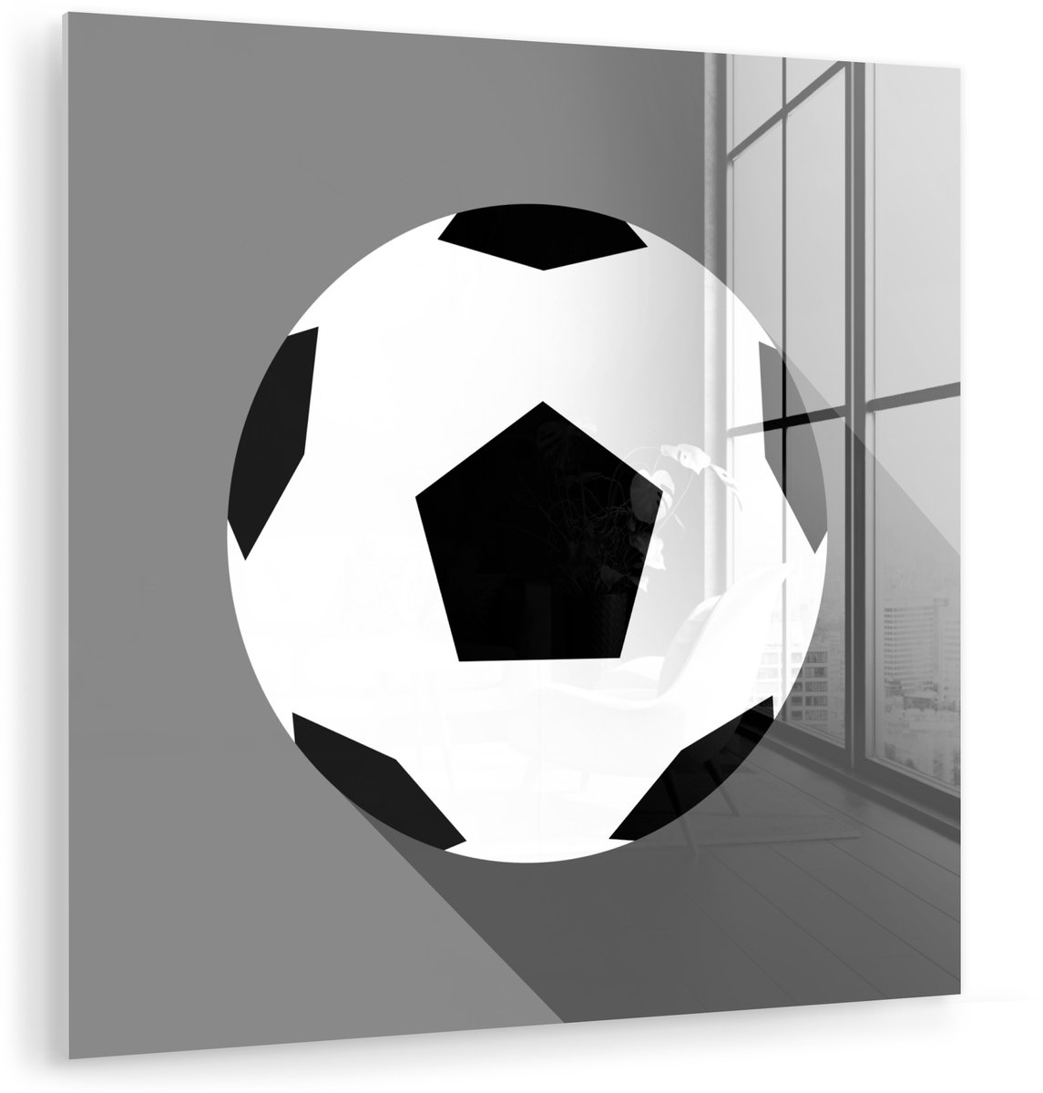 ® Glasschilderij 50x50 cm - Schilderij acrylglas - Een illustratie van een voetbal op een groene achtergrond - Jongens - Meisjes - Kinderen - Foto op glas - Muurdecoratie woonkamer - Wanddecoratie slaapkamer - Schilderijen