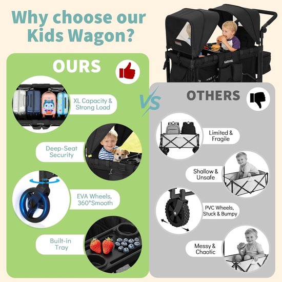 Opvouwbare Bolderkar voor 2 Kinderen - All-Terrain Wielen - Met Zonnekap & Snacktafel - 5-Punts Veiligheidsgordel - Max. 60kg - Zwart van Merkloos — afbeelding 2