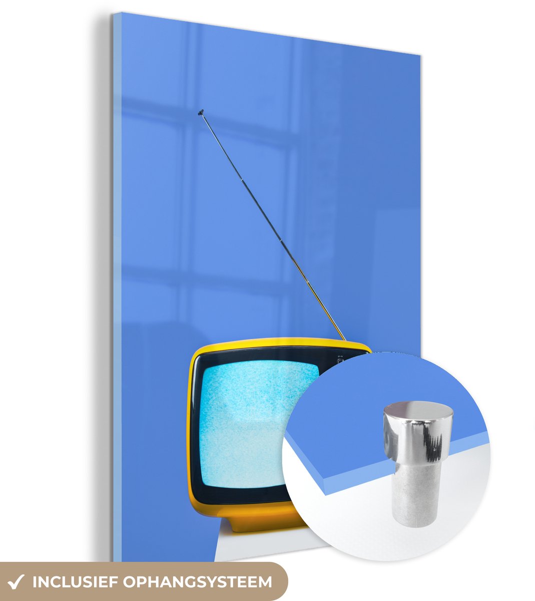 ® Glasschilderij 60x80 cm - Schilderij acrylglas - Vintage - Televisie - Blauw - Foto op glas - Muurdecoratie woonkamer - Wanddecoratie slaapkamer - Schilderijen