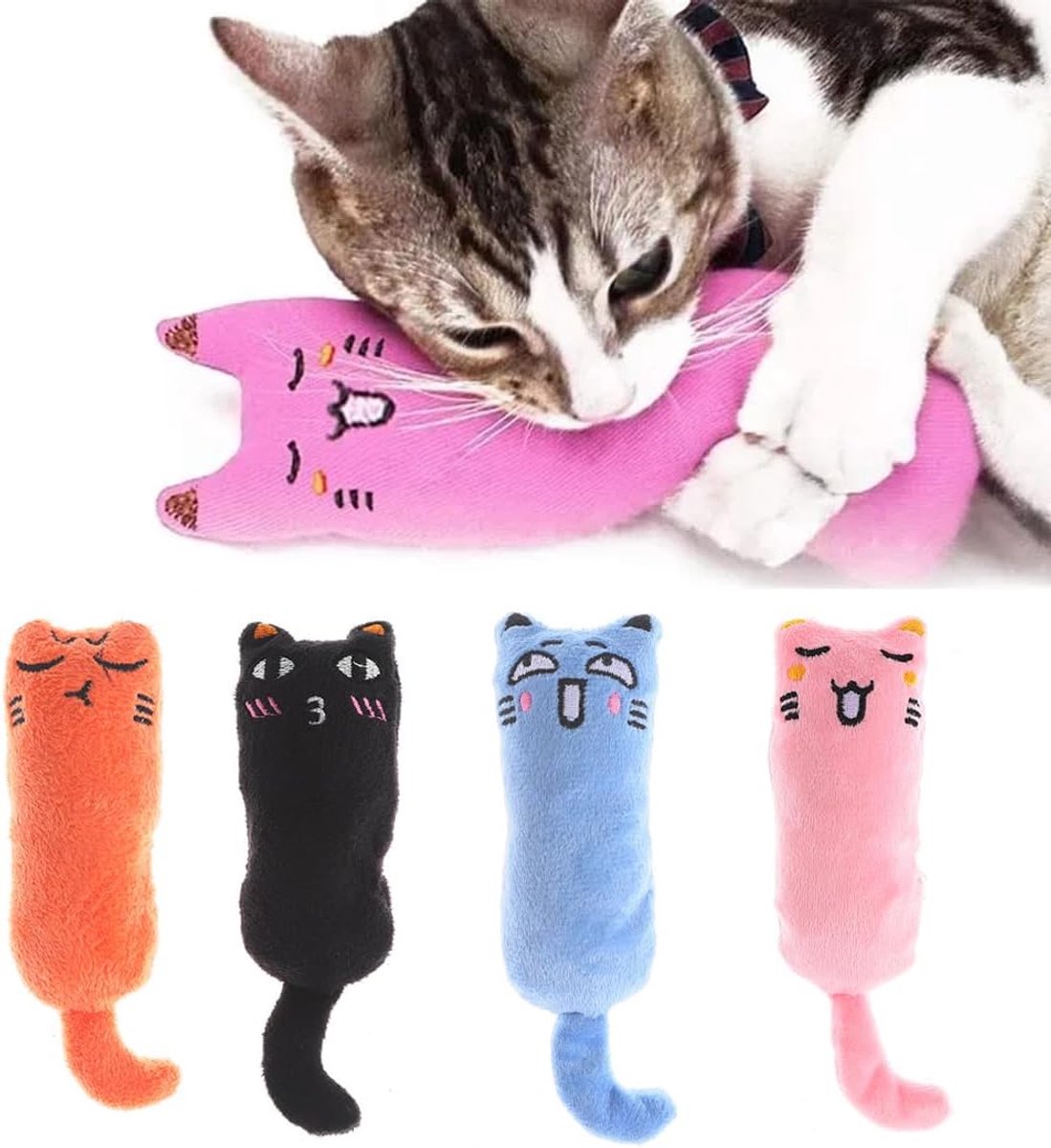 OLOEY 4-delige kattenspeelgoedset-met kattenkruid, pluche speeltjes met gedroogd kattenkruid-interactief binnenspeelgoed voor katten(4 kleuren)