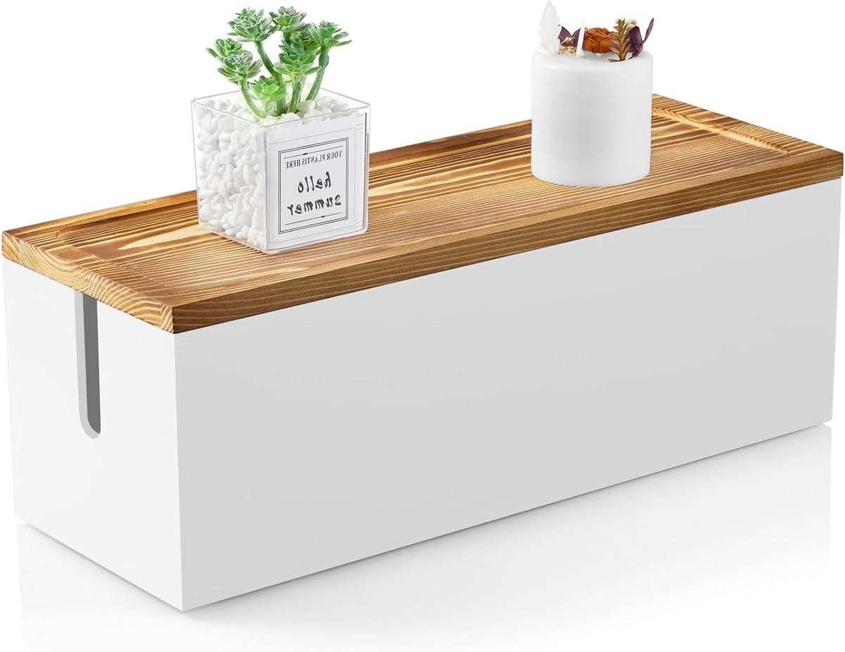 Kabelbeheerdoos - Snoeren organizer - Bureau opruimen - Natuurlijk hout - 37.5 cm lengte - Wit
