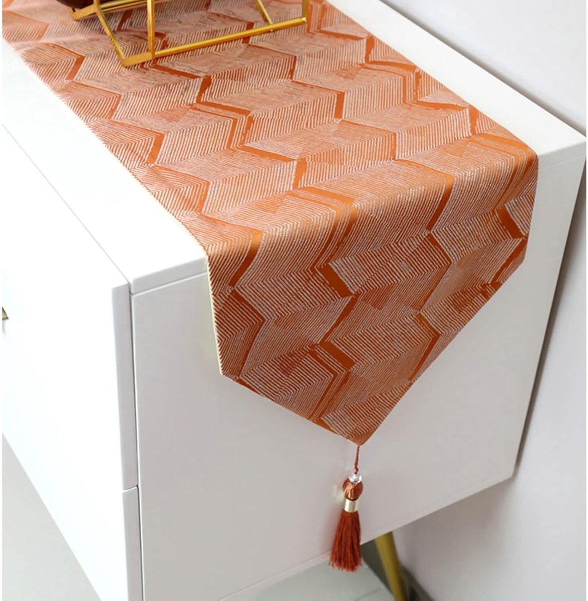 Tafelloper - Linnen decoratie - Eettafel versieren - Modern golfpatroon - 32x270CM - Oranje