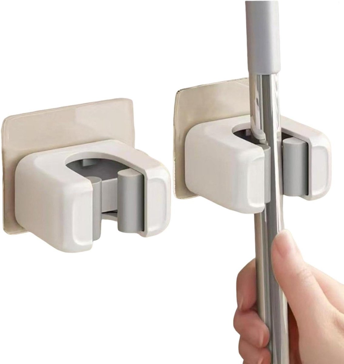 Mop Muurbevestiging - Bezem Houder - Ruimte Besparen - Schadevrije Montage - 2 Stuks - Wit
