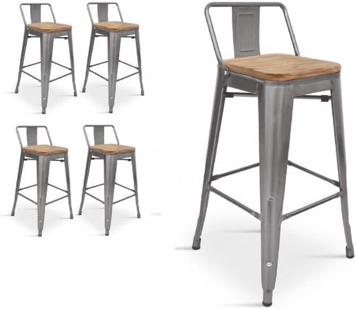 Barkrukken Metaal - Krukken Hout - Keuken Bar - Met Rugleuning - 66 cm Hoog - Ruw Metaal