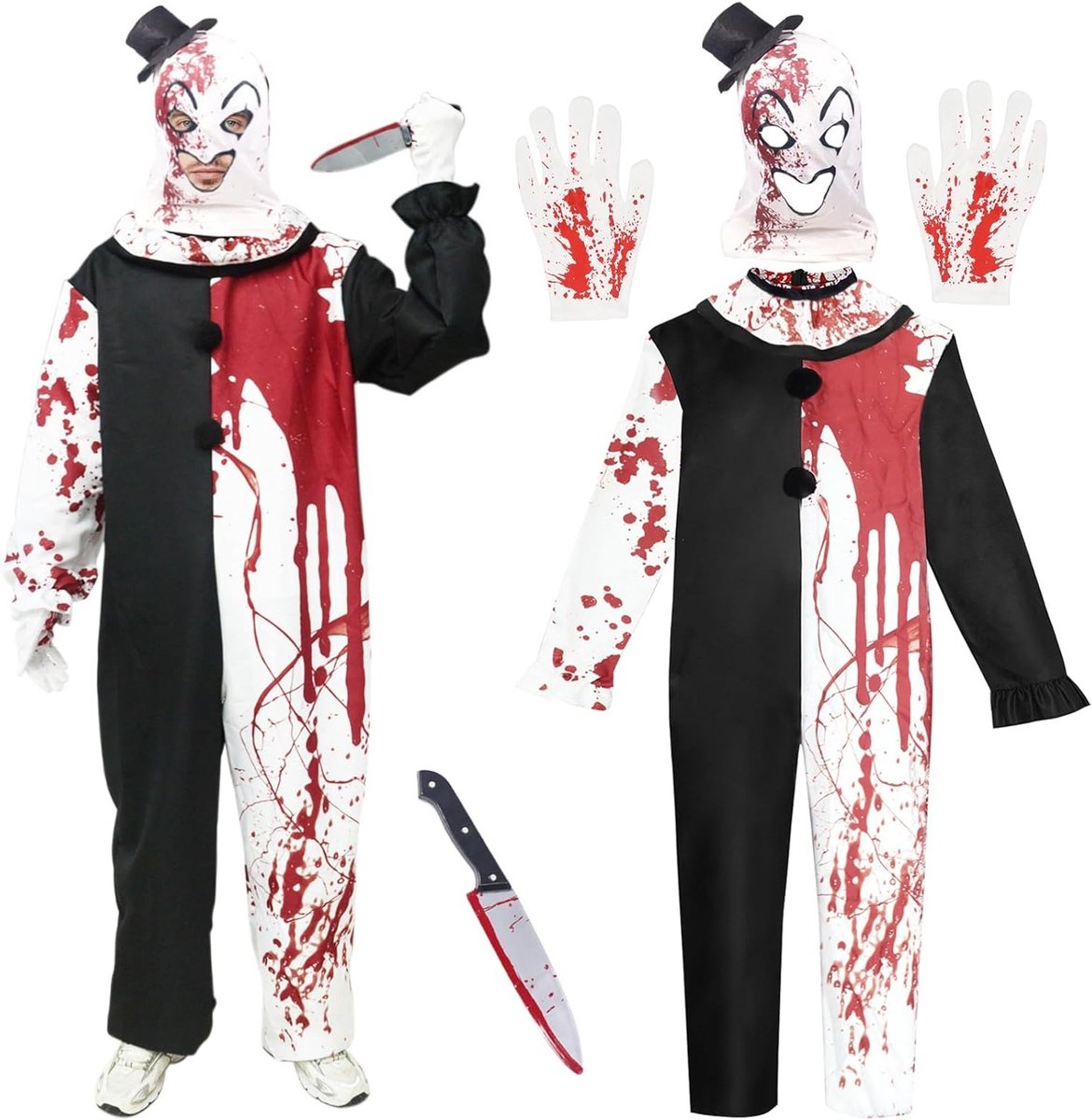 Horror Clown Kostuum voor Volwassenen - Zwart-Wit Clown Jumpsuit met Hoed, Dagger en Handschoenen voor Halloween Cosplay en Theatrale Optredens