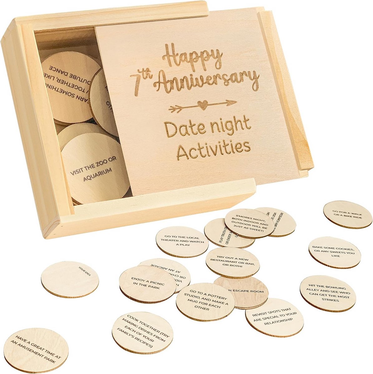 Houten Date Night Box met 52 Activiteiten voor 7 Jaar Huwelijksjubileum