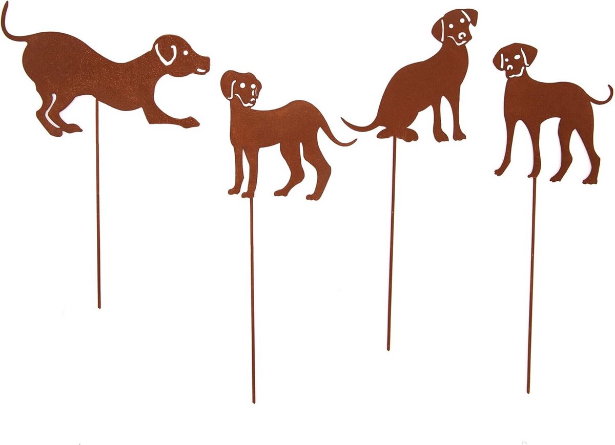 Honden Tuinstekers Set van 4 - Sierlijke Roestkleurige Metalen Decoratie voor Tuin en Potten