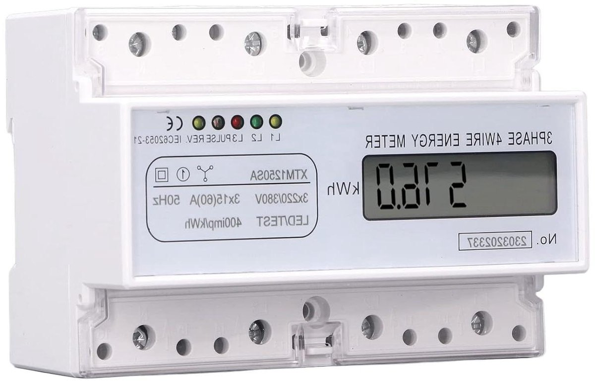 Energiemeter 3-fase - Stroommeter Wattmeter - Stroomverbruik Meten - Nauwkeurige DIN-railmontage - 3x15(60)A - Grijs