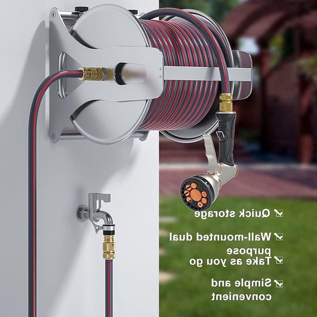 Slangwagen Roestvrij Staal - Haspel Wandmontage - Tuin Bewateren - Verhoogde Wielen - 15 m slang - Zilver