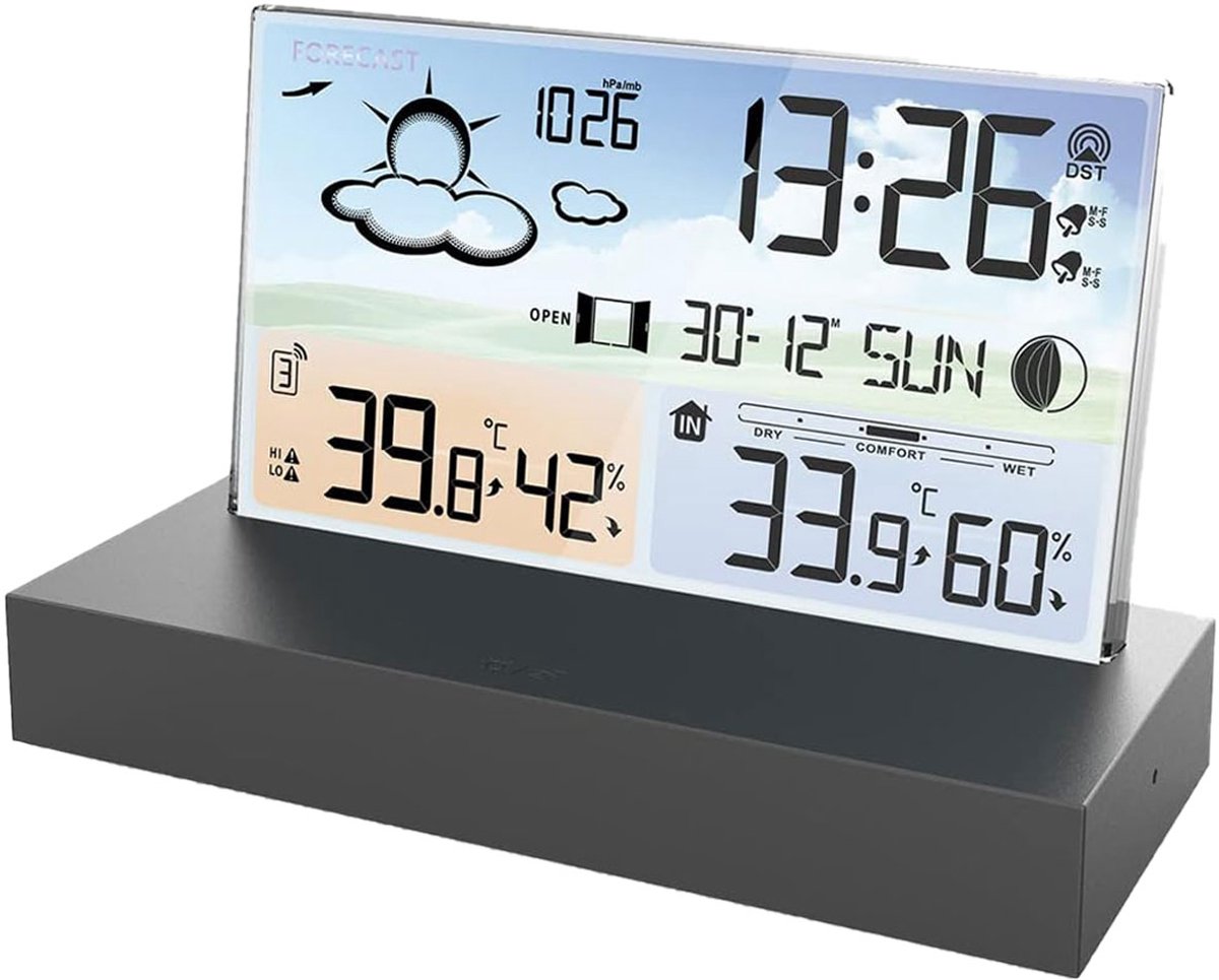 MIVRAY Weerstations - Digitale Klokken Met Glazen Digitale Klok, RF Weerstation Klok Op USB, Digitale Tafelklokken Met Kleurenscherm, Temperatuur- En Weerfunctie, ABS, Zwart