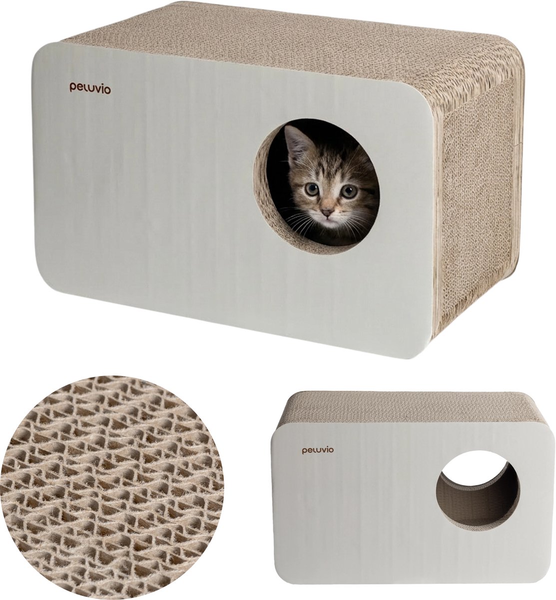 Peluvio Boxel – Kartonnen krabplank voor katten – zachte golfkarton structuur voor delicate nagels – krab- en rustplek in één – licht, duurzaam & direct gebruiksklaar – minimalistisch design voor elk interieur