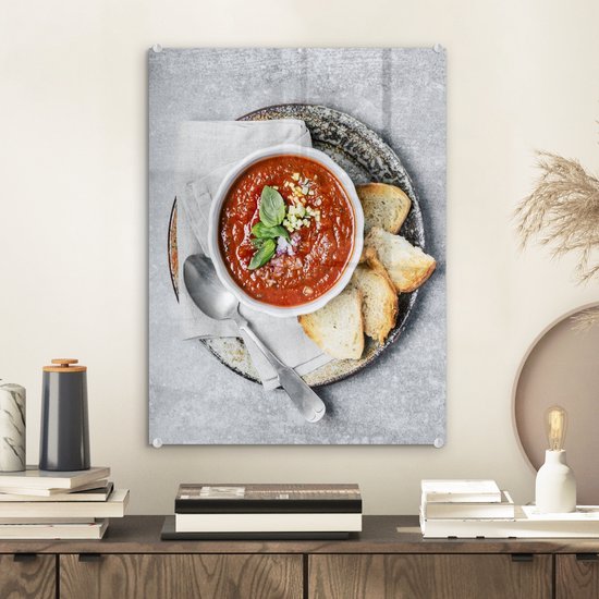 Peinture sur verre - Une nature morte de soupe à la tomate et de pain grillé - 30x40 cm - Peintures sur Verre Peintures - Photo sur Glas