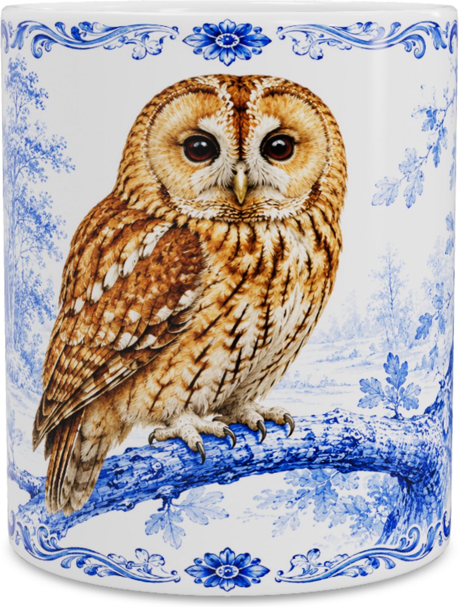 Mok Bosuil (Strix aluco) - Delfts Blauw Design - Cadeau voor Vogelliefhebber