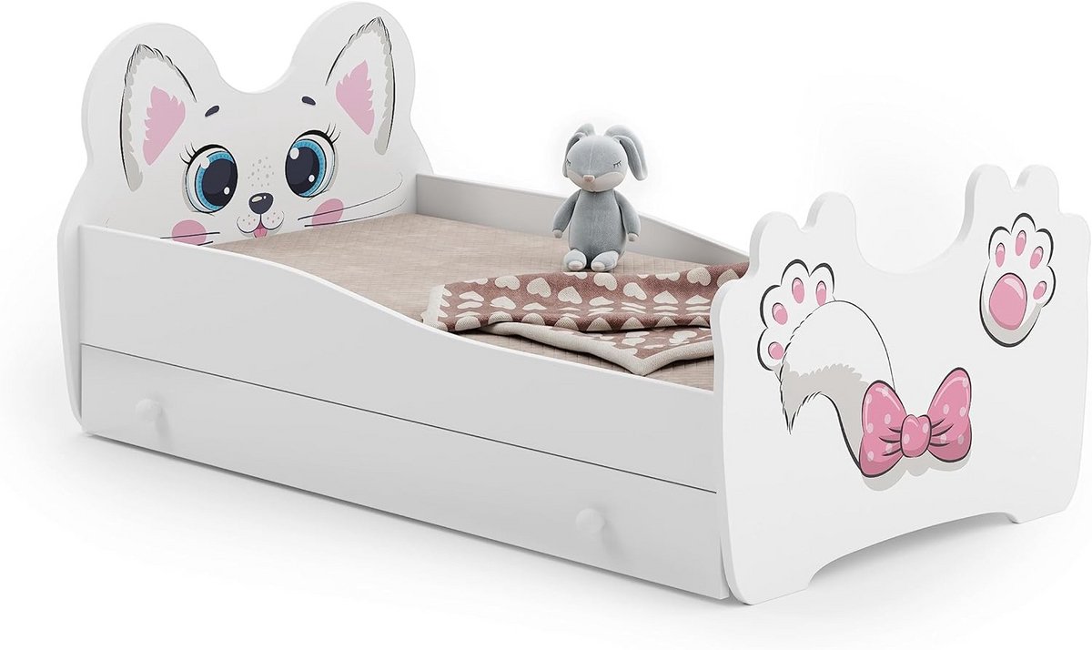 KOBI Kinderbed, kat, wit, met lade-opslag, 140 x 70 cm, kinderbed, met matras en frame, babykamer, eenpersoonsbed met barrière