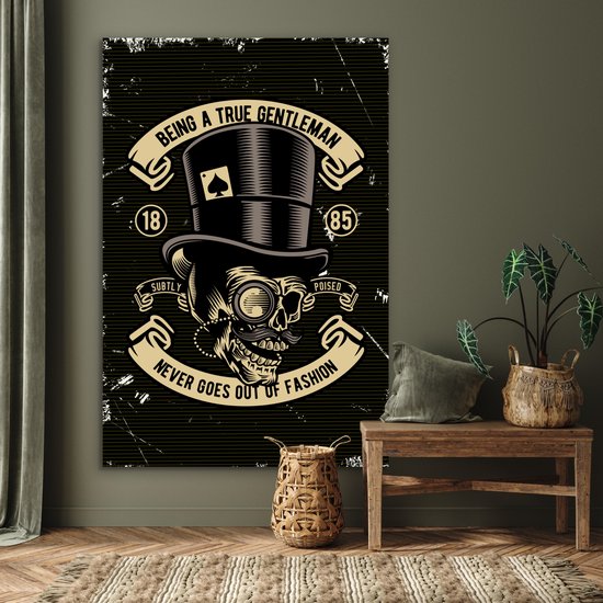 Aluminium schilderij 100x150 cm - Wanddecoratie metaal - Doodskop - Hoed - Retro - Tekening - Metalen muurdecoratie woonkamer - Decoratie industrieel - Foto op dibond - Industriële accessoires slaapkamer