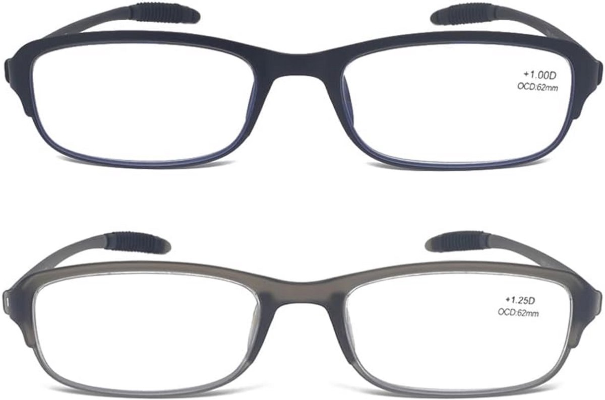 Lichte en Flexibele Leesbril met Etui (2-pack), Leesbrillen met Blauwlichtfilter (Totale Breedte 134 mm)