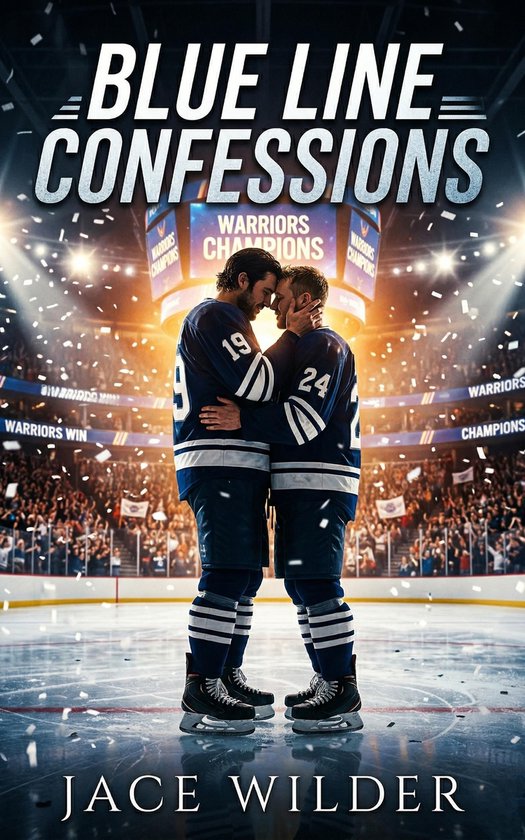 Twee mannelijke ijshockeyers in blauwe tenues, "19" en "24", staan op het ijs omhelzend. Confetti valt, publiek en "WARRIORS CHAMPIONS" banners op de achtergrond. "BLUE LINE CONFESSIONS" en "JACE WILDER" in grote letters.