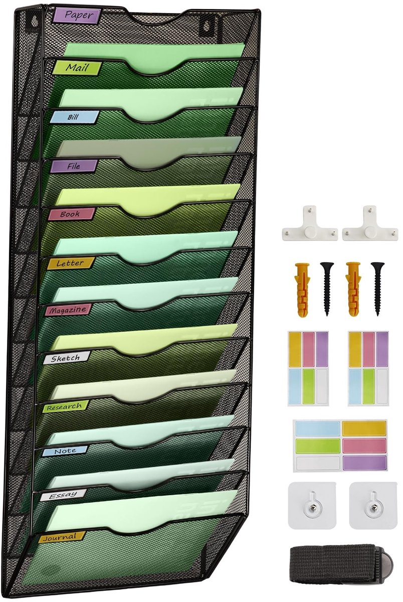 aladdien - 12 Tier Mesh Opknoping File Organizer - Verticale Muur Bestand Organizer - Zwart - Documentenhouder - Geschikt voor Office en Thuis - Inc..