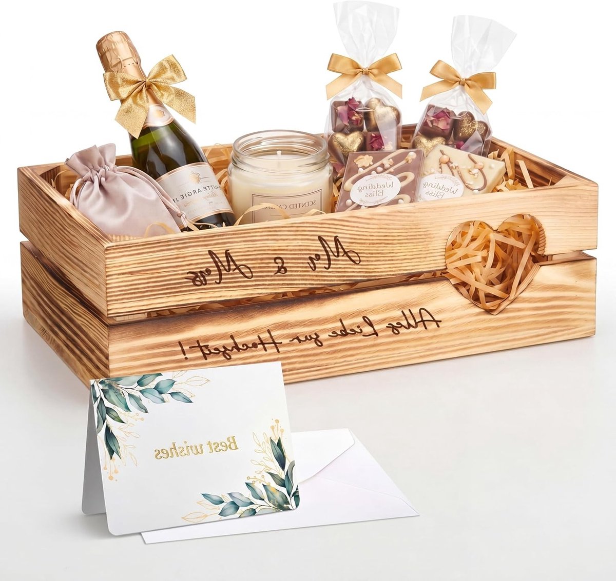 Houten Geschenkdoos voor Bruiloften met Hart, Lege Bewaardoos 28 x 18 x 9 cm, Perfect voor Huwelijksgeschenken en Bruidspaar