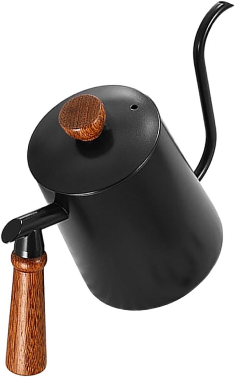 Koffiepot Zwanenhals - Waterkoker Handmatig - Koffie Zetten - Ergonomische Houten Handgreep - 600 ml - Mat Zwart